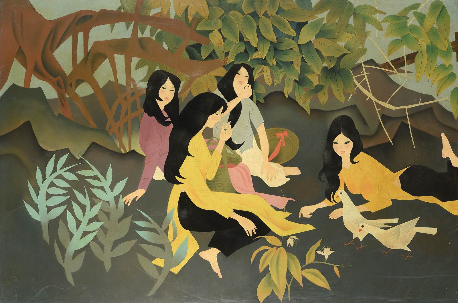 Tranh Đông Dương xưa - Bốn thiếu nữ mặc áo dài với những con chim
