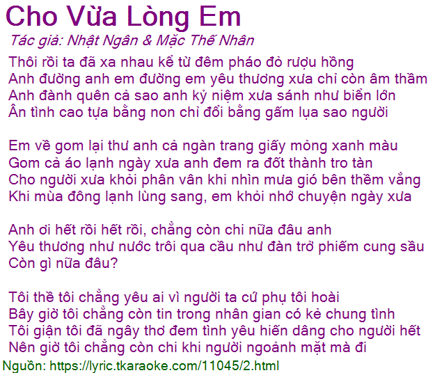 Lời bài hát Cho Vừa Lòng Em (Mặc Thế Nhân & Nhật Ngân) [có nhạc nghe]