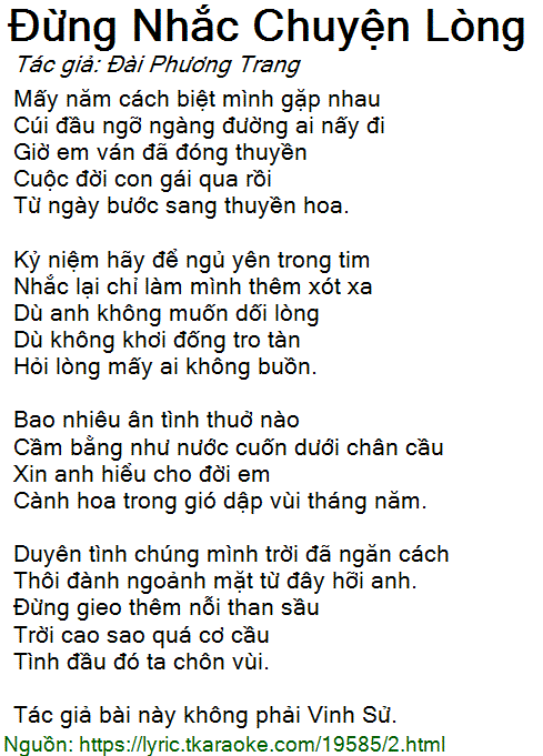 Lời bài hát Đừng Nhắc Chuyện Lòng (Đài Phương Trang) [có nhạc nghe]