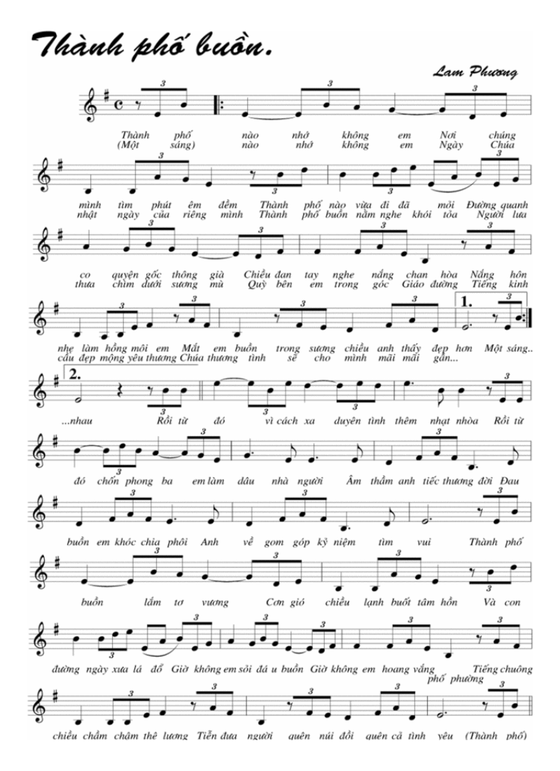 Thành phố buồn piano sheet - Lam Phương | Tải Piano Sheet Free