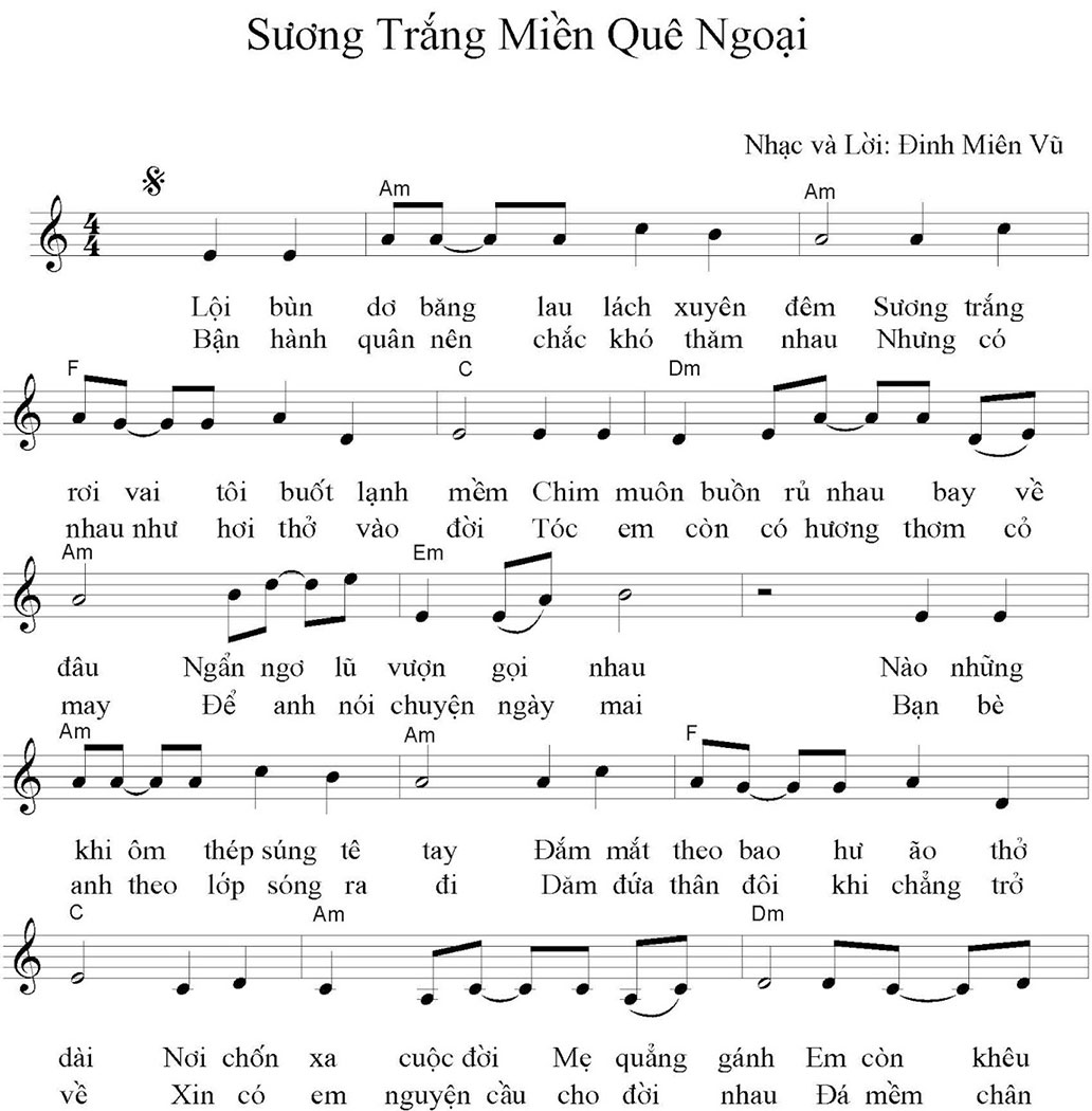 Sương trắng miền quê ngoại ( sheet nhạc - bản nhạc có nốt )