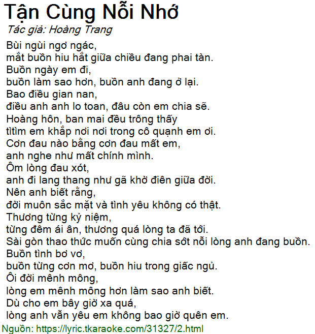 Lời bài hát Tận Cùng Nỗi Nhớ (Hoàng Trang) [có nhạc nghe]