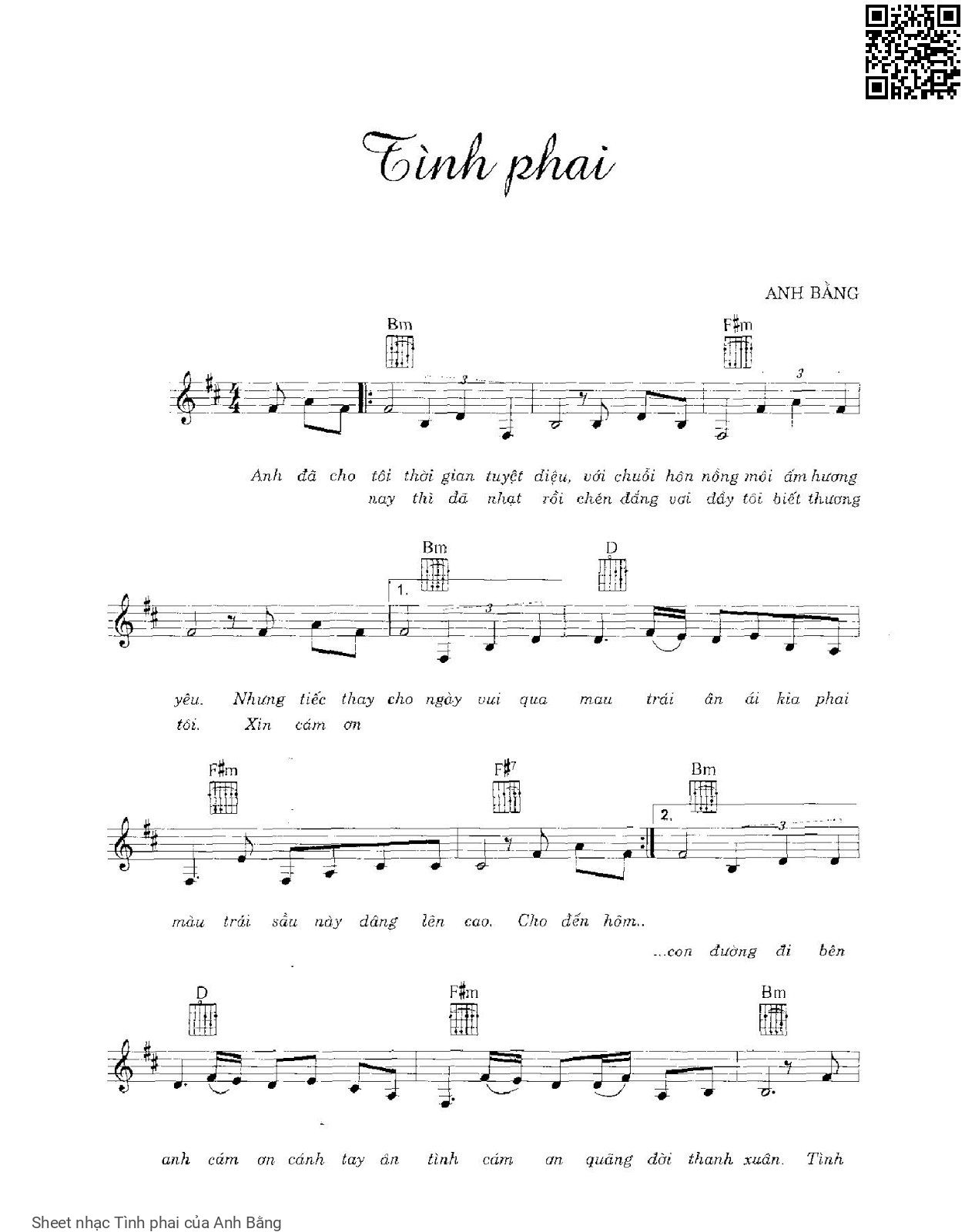 Sheet nhạc Tình phai (Anh Bằng) PDF, Lời & hợp âm, giai thoại | Nhạc Nhẽo