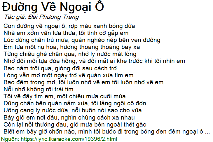 Lời bài hát Đường Về Ngoại Ô (Đài Phương Trang) [có nhạc nghe]