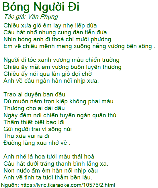 Loi bai hat Bong Nguoi Di (Van Phung) [co nhac nghe]