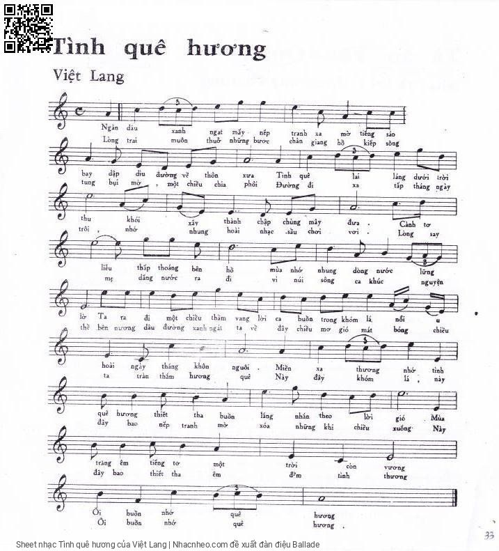 Sheet nhạc Tình quê hương (Việt Lang) PDF, Lời & hợp âm | Nhạc Nhẽo