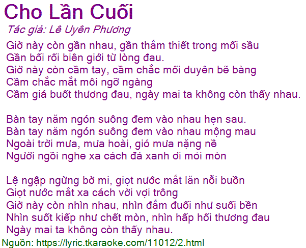 Loi bai hat Cho Lan Cuoi (Le Uyen Phuong) [co nhac nghe]