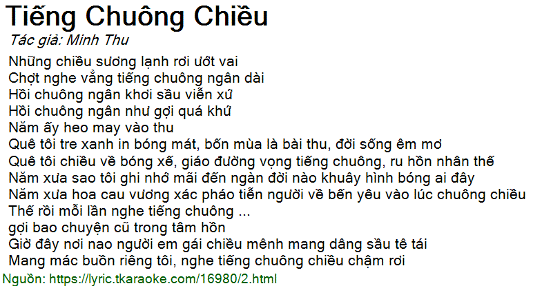 Lời bài hát Tiếng Chuông Chiều (Minh Thu) [có nhạc nghe]